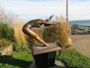 See Armando Barbon’s bronze, Pure Energy, at the Sidney Seaside Sculpture Walk. The statue depicts the power, grace and agility of a gymnast as she lands from a jump.